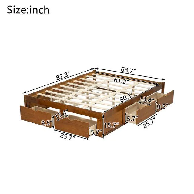 Alt view image 2 of 7 - Solid Wood Platform Bed with Storage Drawers, No Headboard Bed & Low Pine Captain Bed No Box Spring Needed, Queen Size, Walnut