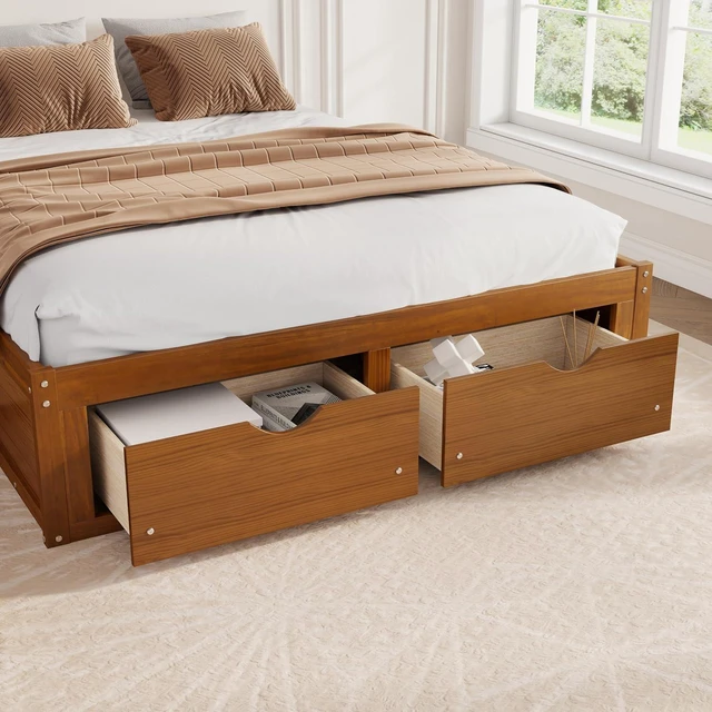 Alt view image 4 of 7 - Solid Wood Platform Bed with Storage Drawers, No Headboard Bed & Low Pine Captain Bed No Box Spring Needed, Queen Size, Walnut