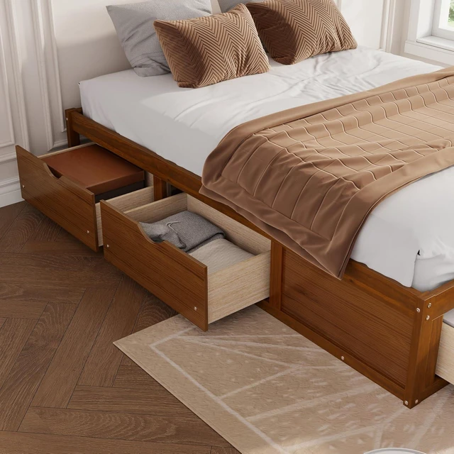 Alt view image 3 of 7 - Solid Wood Platform Bed with Storage Drawers, No Headboard Bed & Low Pine Captain Bed No Box Spring Needed, Queen Size, Walnut