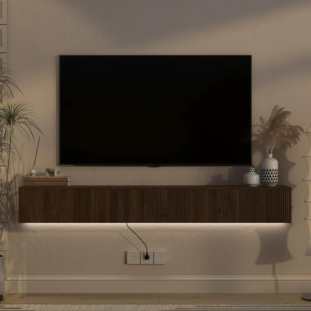 Alt view image 7 of 7 - 68 Wall Mounted Fluted TV Stand with 16 Color Led Light and Outlets, Brown