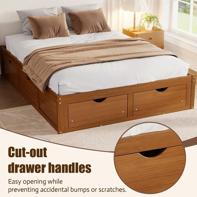 Alt view image 5 of 7 - Solid Wood Platform Bed with Storage Drawers, No Headboard Bed & Low Pine Captain Bed No Box Spring Needed, Queen Size, Walnut