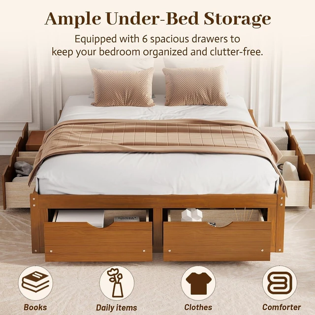 Alt view image 6 of 7 - Solid Wood Platform Bed with Storage Drawers, No Headboard Bed & Low Pine Captain Bed No Box Spring Needed, Queen Size, Walnut