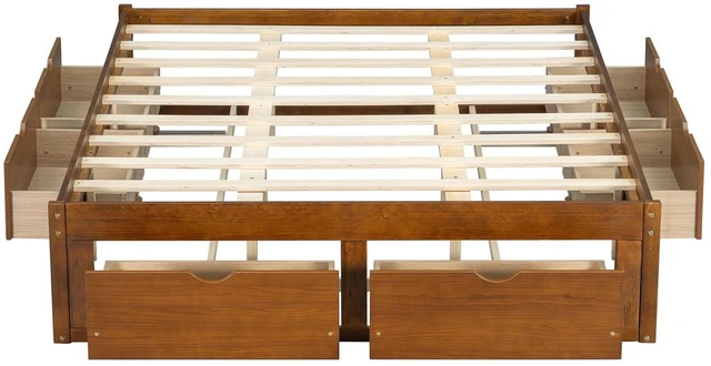 Alt view image 7 of 7 - Solid Wood Platform Bed with Storage Drawers, No Headboard Bed & Low Pine Captain Bed No Box Spring Needed, Queen Size, Walnut