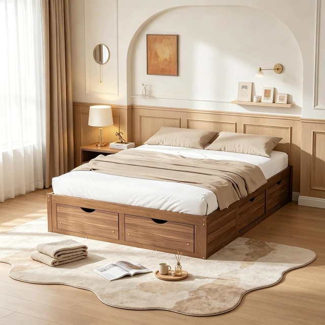 Main image of Solid Wood Platform Bed with Storage Drawers, No Headboard Bed & Low Pine Captain Bed No Box Spring Needed, Queen Size, Light Walnut