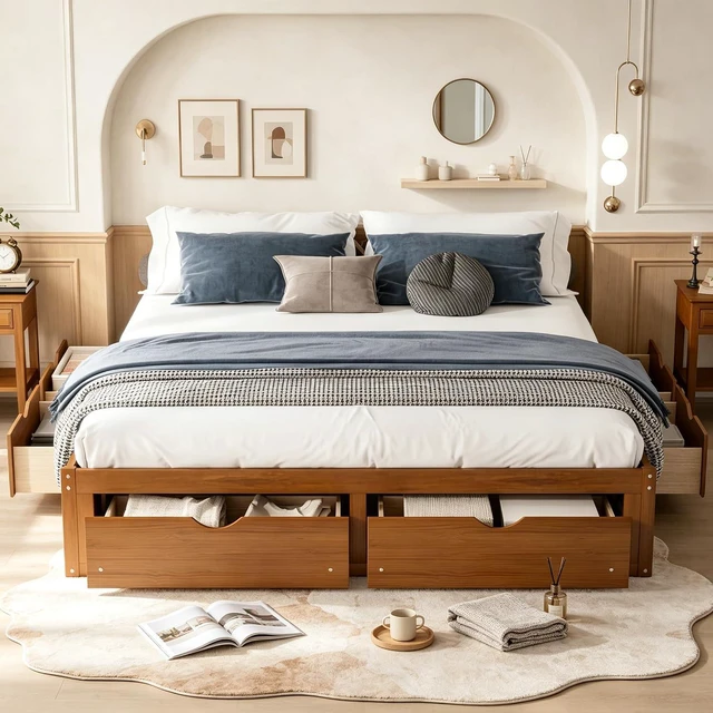 Main image of Solid Wood Platform Bed with Storage Drawers, No Headboard Bed & Low Pine Captain Bed No Box Spring Needed, King Size, Walnut