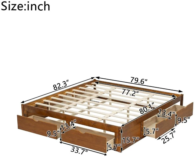 Alt view image 2 of 7 - Solid Wood Platform Bed with Storage Drawers, No Headboard Bed & Low Pine Captain Bed No Box Spring Needed, King Size, Walnut