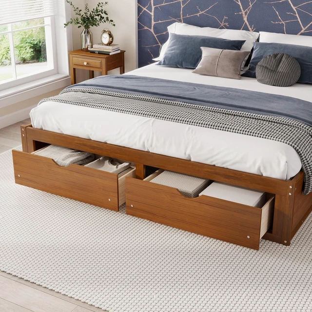 Alt view image 3 of 7 - Solid Wood Platform Bed with Storage Drawers, No Headboard Bed & Low Pine Captain Bed No Box Spring Needed, King Size, Walnut