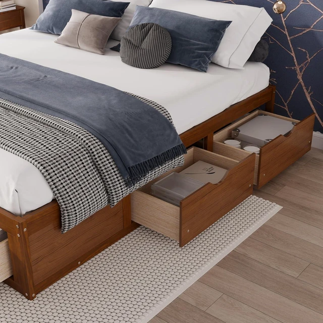 Alt view image 4 of 7 - Solid Wood Platform Bed with Storage Drawers, No Headboard Bed & Low Pine Captain Bed No Box Spring Needed, King Size, Walnut