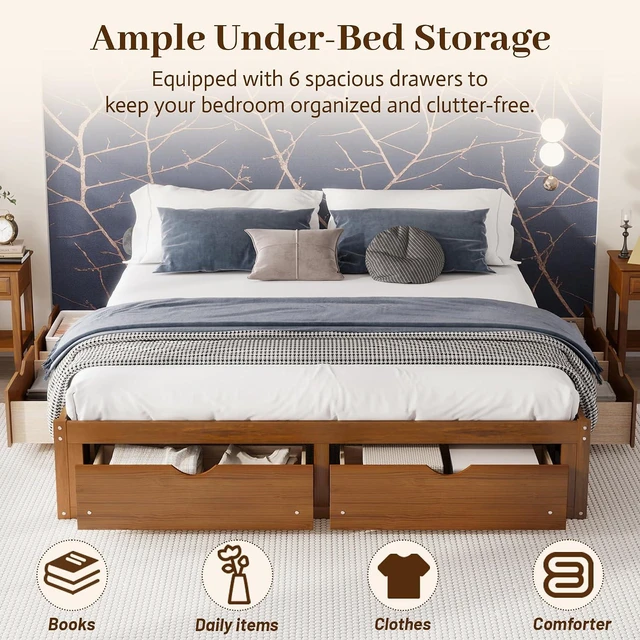 Alt view image 6 of 7 - Solid Wood Platform Bed with Storage Drawers, No Headboard Bed & Low Pine Captain Bed No Box Spring Needed, King Size, Walnut