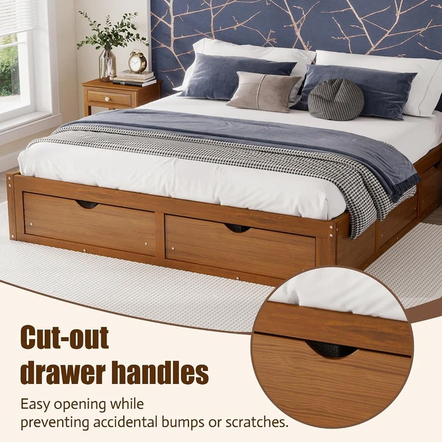 Alt view image 5 of 7 - Solid Wood Platform Bed with Storage Drawers, No Headboard Bed & Low Pine Captain Bed No Box Spring Needed, King Size, Walnut