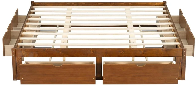 Alt view image 7 of 7 - Solid Wood Platform Bed with Storage Drawers, No Headboard Bed & Low Pine Captain Bed No Box Spring Needed, King Size, Walnut
