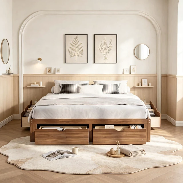 Main image of Solid Wood Platform Bed with Storage Drawers, No Headboard Bed & Low Pine Captain Bed No Box Spring Needed, King Size, Light Walnut
