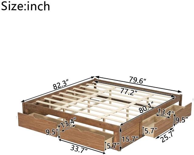 Alt view image 2 of 7 - Solid Wood Platform Bed with Storage Drawers, No Headboard Bed & Low Pine Captain Bed No Box Spring Needed, King Size, Light Walnut