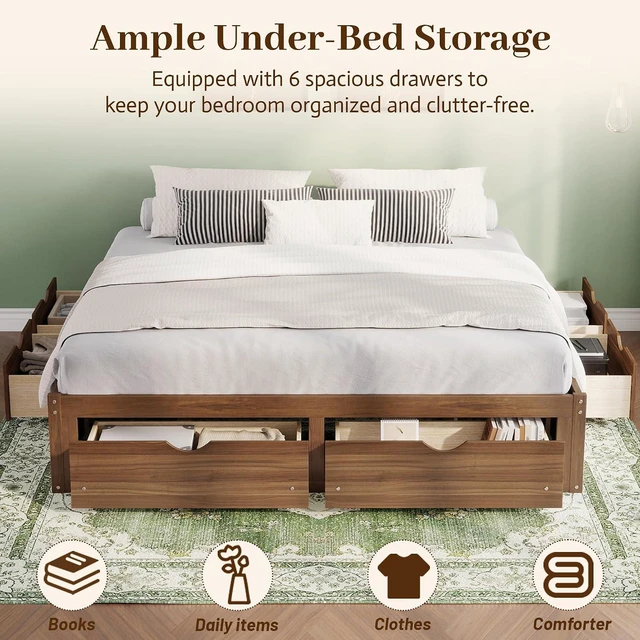 Alt view image 3 of 7 - Solid Wood Platform Bed with Storage Drawers, No Headboard Bed & Low Pine Captain Bed No Box Spring Needed, King Size, Light Walnut