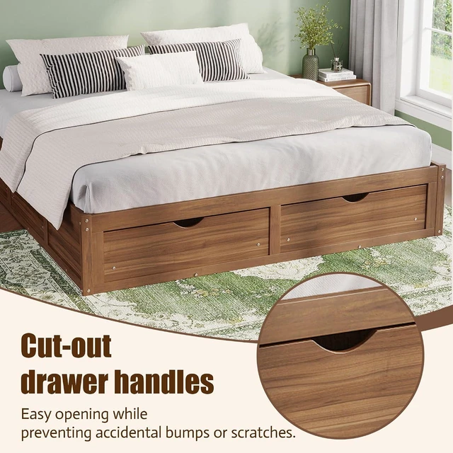 Alt view image 4 of 7 - Solid Wood Platform Bed with Storage Drawers, No Headboard Bed & Low Pine Captain Bed No Box Spring Needed, King Size, Light Walnut