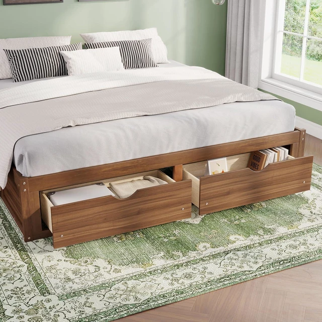 Alt view image 5 of 7 - Solid Wood Platform Bed with Storage Drawers, No Headboard Bed & Low Pine Captain Bed No Box Spring Needed, King Size, Light Walnut