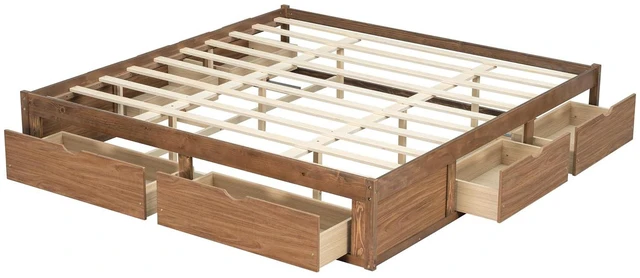 Alt view image 6 of 7 - Solid Wood Platform Bed with Storage Drawers, No Headboard Bed & Low Pine Captain Bed No Box Spring Needed, King Size, Light Walnut