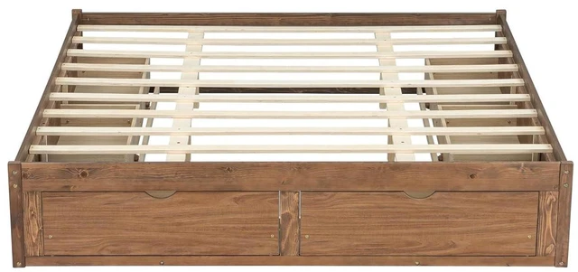 Alt view image 7 of 7 - Solid Wood Platform Bed with Storage Drawers, No Headboard Bed & Low Pine Captain Bed No Box Spring Needed, King Size, Light Walnut