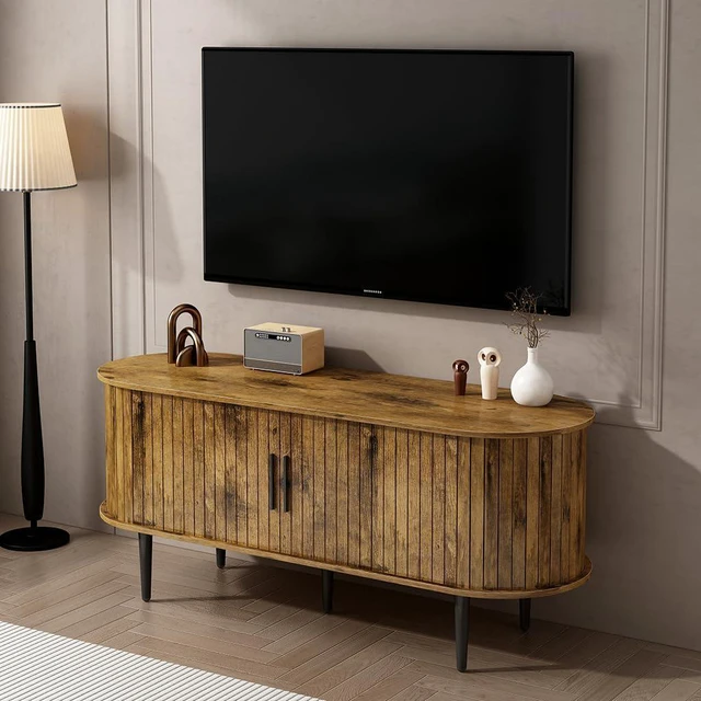 Main image of 47 TV Stand with Storage Compartment and Sliding Door, Fluted Entertainment Center with Cabinet for Bedroom, Living Room, Brown