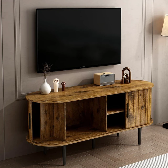 Alt view image 2 of 7 - 47 TV Stand with Storage Compartment and Sliding Door, Fluted Entertainment Center with Cabinet for Bedroom, Living Room, Brown
