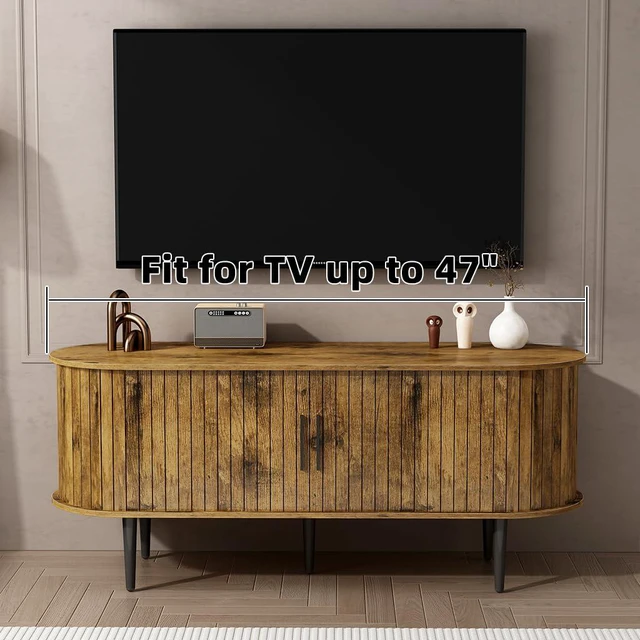 Alt view image 3 of 7 - 47 TV Stand with Storage Compartment and Sliding Door, Fluted Entertainment Center with Cabinet for Bedroom, Living Room, Brown