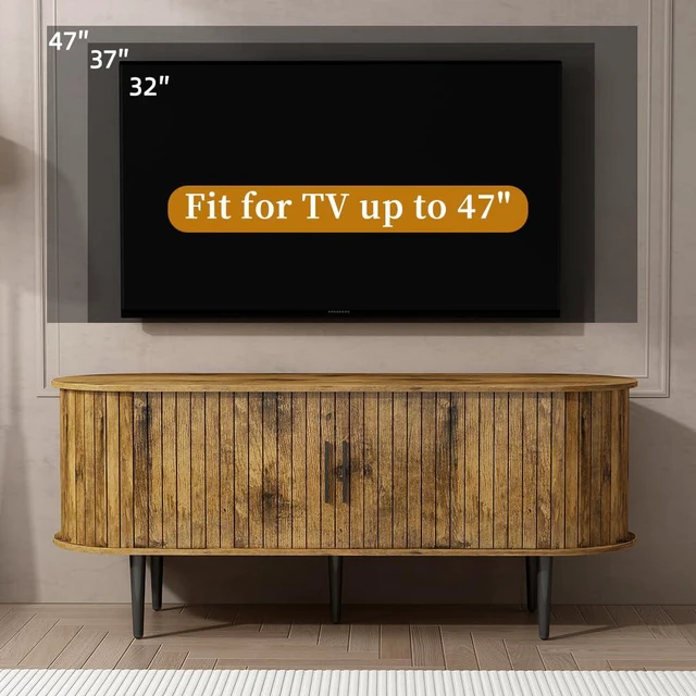 Alt view image 4 of 7 - 47 TV Stand with Storage Compartment and Sliding Door, Fluted Entertainment Center with Cabinet for Bedroom, Living Room, Brown