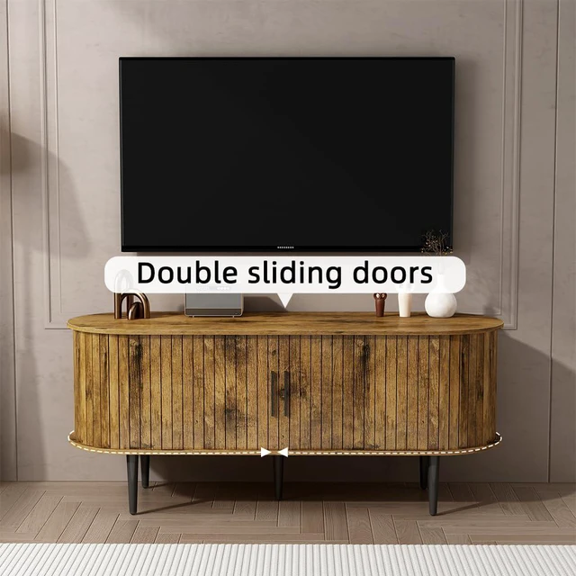 Alt view image 5 of 7 - 47 TV Stand with Storage Compartment and Sliding Door, Fluted Entertainment Center with Cabinet for Bedroom, Living Room, Brown