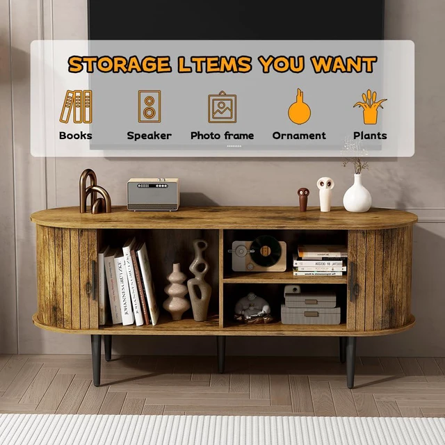 Alt view image 6 of 7 - 47 TV Stand with Storage Compartment and Sliding Door, Fluted Entertainment Center with Cabinet for Bedroom, Living Room, Brown