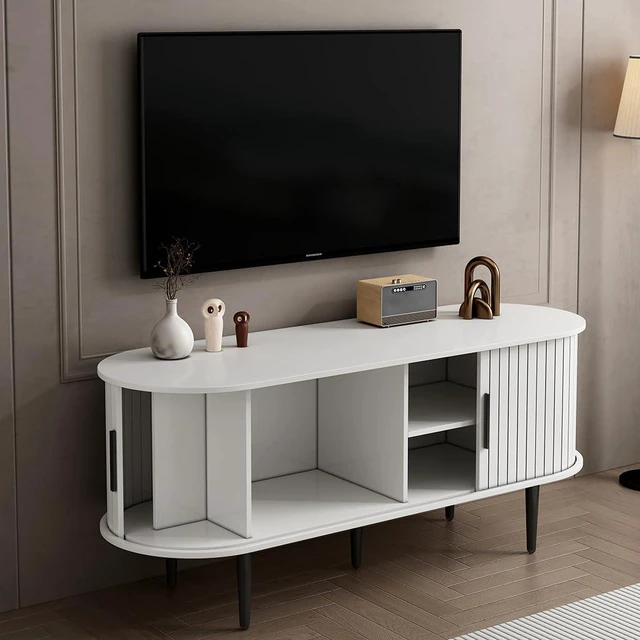 Alt view image 2 of 7 - 47 Fluted Media Console with Sliding Door and Shelf Storage, White