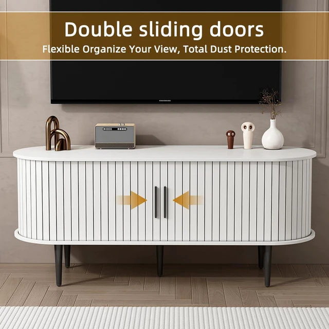 Alt view image 5 of 7 - 47 Fluted Media Console with Sliding Door and Shelf Storage, White