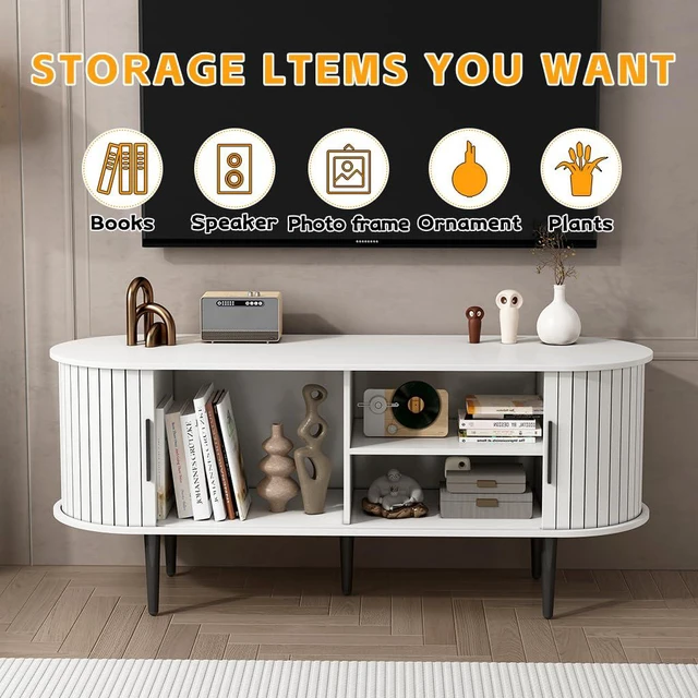Alt view image 6 of 7 - 47 Fluted Media Console with Sliding Door and Shelf Storage, White