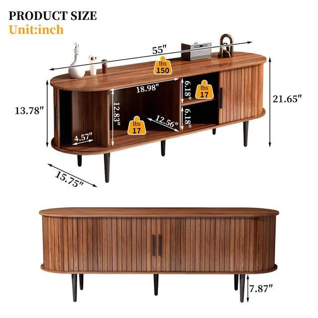Alt view image 3 of 7 - 55 TV Stand with Sliding Door and Storage Shelves, Mid Century Modern Entertainment Center with Cabinet for Bedroom, Living Room, Walnut