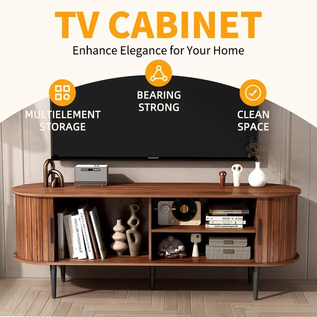 Alt view image 4 of 7 - 55 TV Stand with Sliding Door and Storage Shelves, Mid Century Modern Entertainment Center with Cabinet for Bedroom, Living Room, Walnut