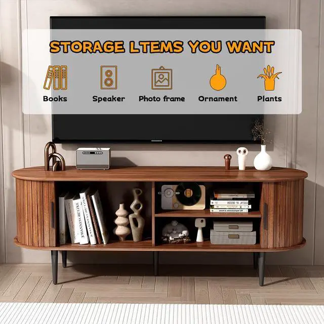 Alt view image 5 of 7 - 55 TV Stand with Sliding Door and Storage Shelves, Mid Century Modern Entertainment Center with Cabinet for Bedroom, Living Room, Walnut