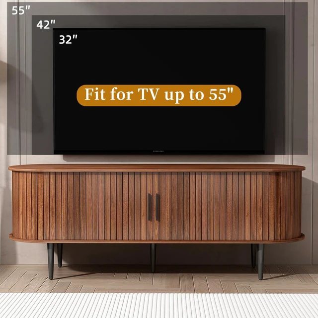 Alt view image 6 of 7 - 55 TV Stand with Sliding Door and Storage Shelves, Mid Century Modern Entertainment Center with Cabinet for Bedroom, Living Room, Walnut