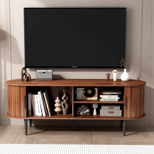 Alt view image 2 of 7 - 55 TV Stand with Sliding Door and Storage Shelves, Mid Century Modern Entertainment Center with Cabinet for Bedroom, Living Room, Walnut