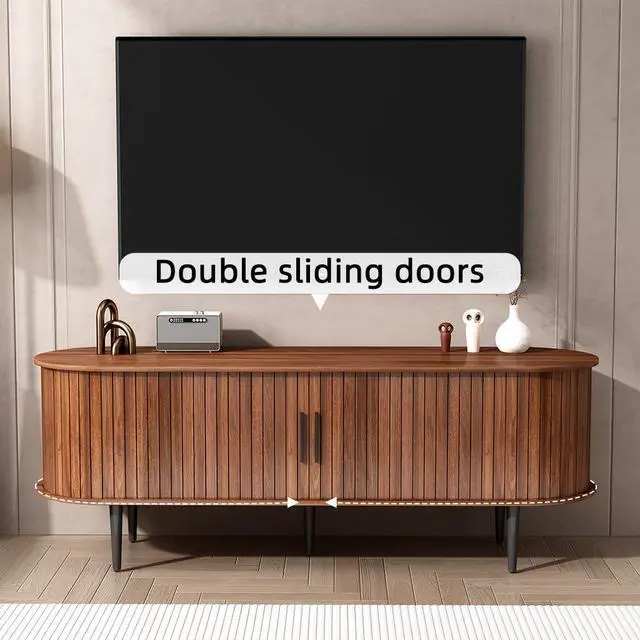 Alt view image 7 of 7 - 55 TV Stand with Sliding Door and Storage Shelves, Mid Century Modern Entertainment Center with Cabinet for Bedroom, Living Room, Walnut