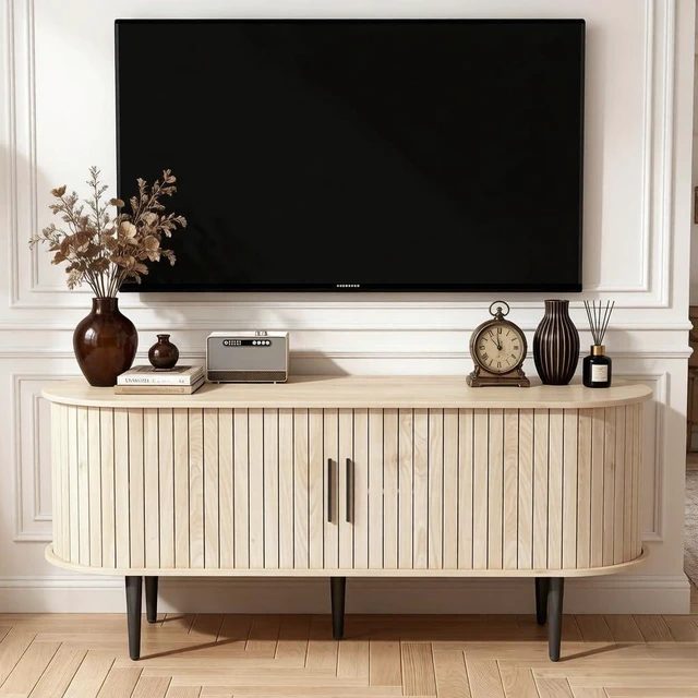 Main image of 47Entertainment Center with Slide Door and Storage, Fluted TV Stand with Cabinet, Media Console for Bedroom, Living Room, Natural Wood