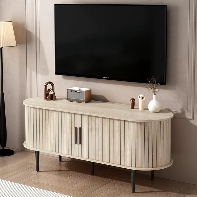 Alt view image 2 of 7 - 47Entertainment Center with Slide Door and Storage, Fluted TV Stand with Cabinet, Media Console for Bedroom, Living Room, Natural Wood