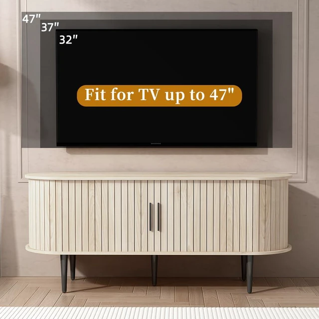 Alt view image 3 of 7 - 47Entertainment Center with Slide Door and Storage, Fluted TV Stand with Cabinet, Media Console for Bedroom, Living Room, Natural Wood
