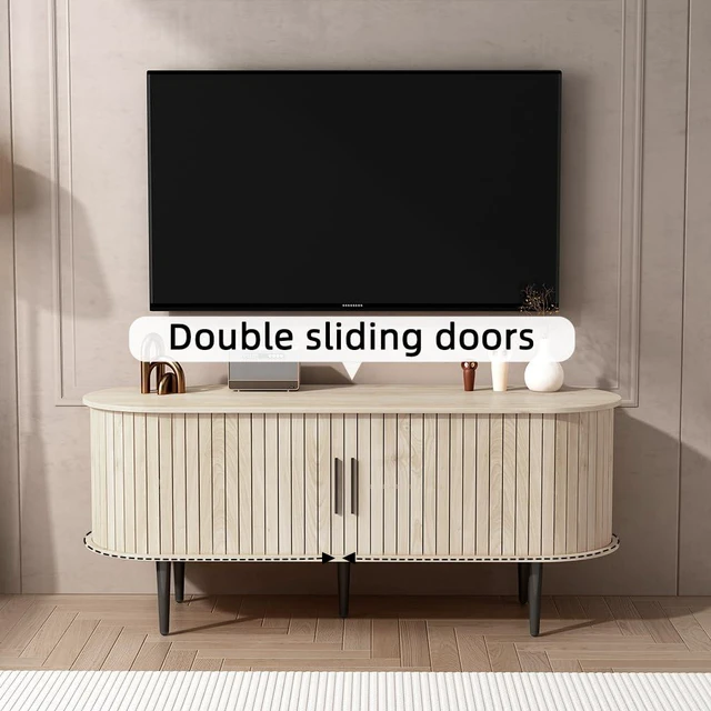 Alt view image 6 of 7 - 47Entertainment Center with Slide Door and Storage, Fluted TV Stand with Cabinet, Media Console for Bedroom, Living Room, Natural Wood
