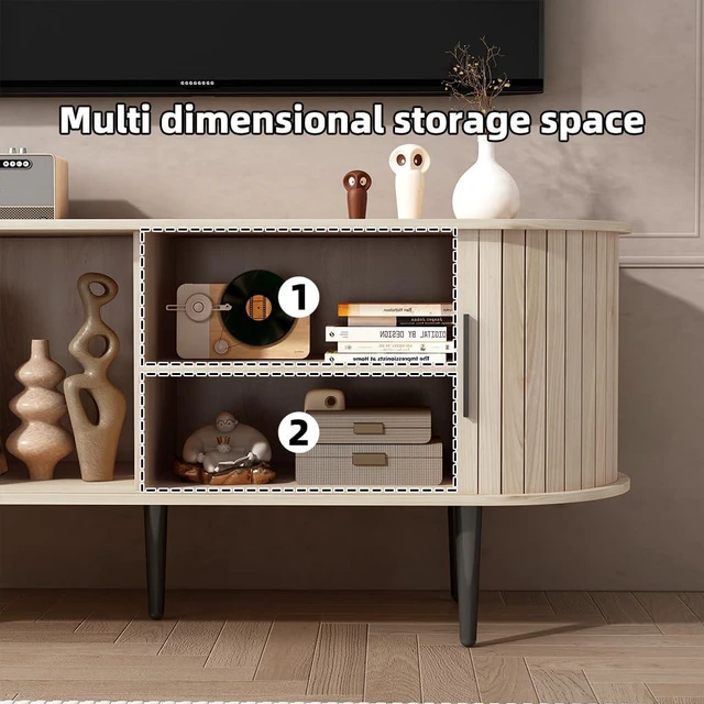 Alt view image 7 of 7 - 47Entertainment Center with Slide Door and Storage, Fluted TV Stand with Cabinet, Media Console for Bedroom, Living Room, Natural Wood