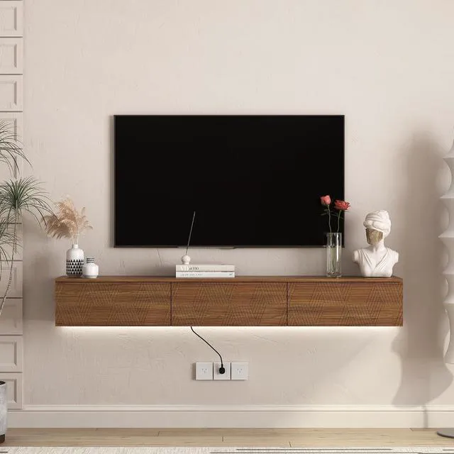 Alt view image 3 of 6 - 67Modern TV Stand for 55/60/65 TV, Floating Entertainment Center with 16 Color LEDs and Cabinet for Bedroom, Living Room, Natural Wood