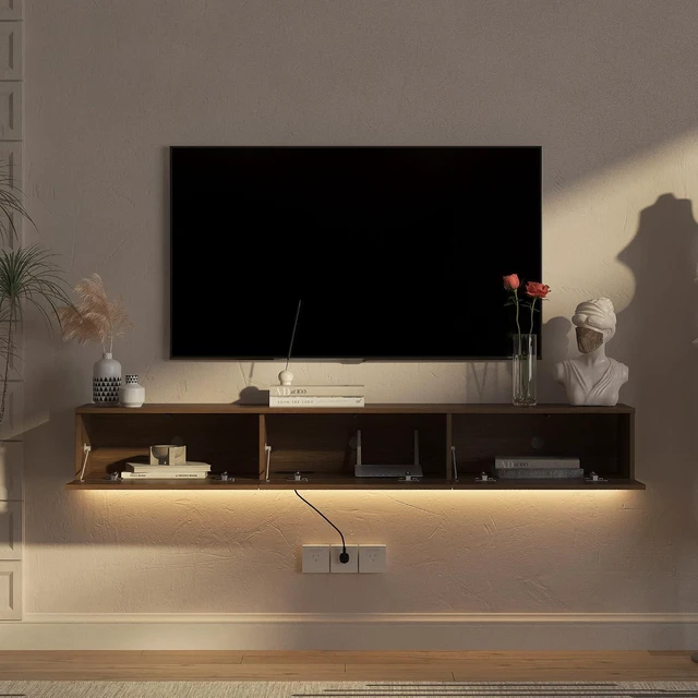 Alt view image 4 of 6 - 67Modern TV Stand for 55/60/65 TV, Floating Entertainment Center with 16 Color LEDs and Cabinet for Bedroom, Living Room, Natural Wood