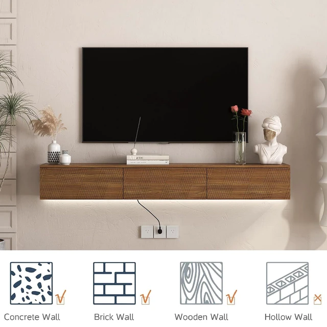 Alt view image 5 of 6 - 67Modern TV Stand for 55/60/65 TV, Floating Entertainment Center with 16 Color LEDs and Cabinet for Bedroom, Living Room, Natural Wood