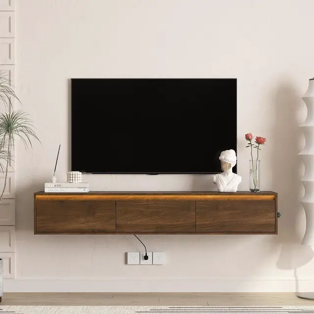 Main image of Floating TV Media Console with Touch-Sensitive Led Light Strip, Walnut