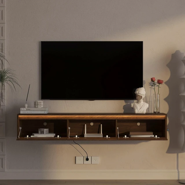 Alt view image 2 of 6 - Floating TV Media Console with Touch-Sensitive Led Light Strip, Walnut