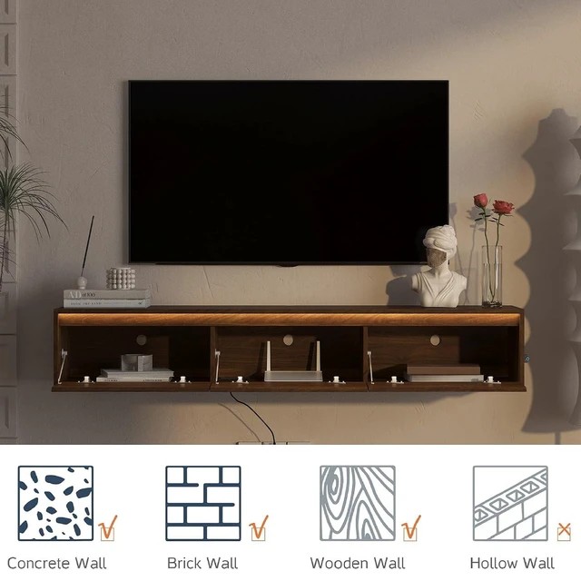 Alt view image 3 of 6 - Floating TV Media Console with Touch-Sensitive Led Light Strip, Walnut