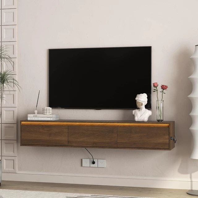Alt view image 5 of 6 - Floating TV Media Console with Touch-Sensitive Led Light Strip, Walnut