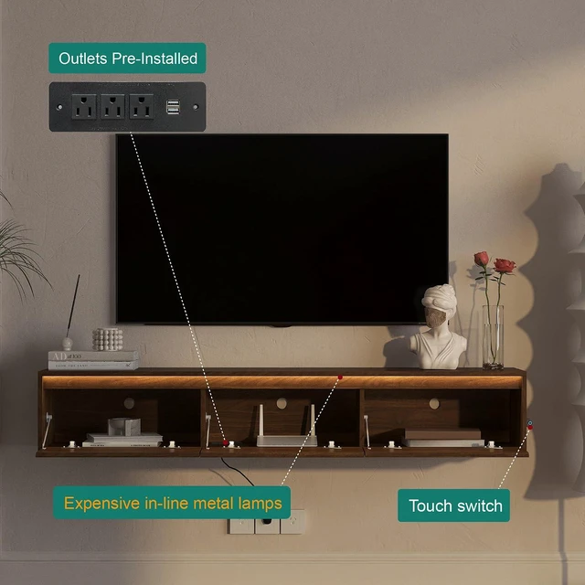 Alt view image 4 of 6 - Floating TV Media Console with Touch-Sensitive Led Light Strip, Walnut